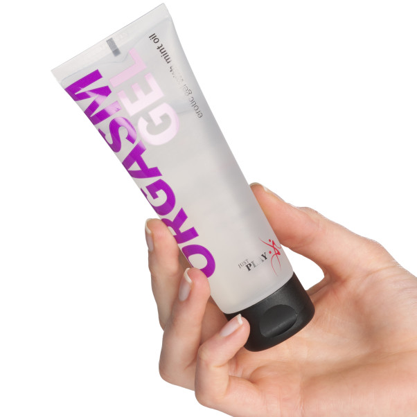 Just Play Mint Olie Orgasmegel 80 ml Produktbillede med hånd 50