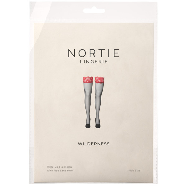 NORTIE Wilderness Selvsiddende Strømper med Rød Blondekant Plus Size Emballagebillede 90