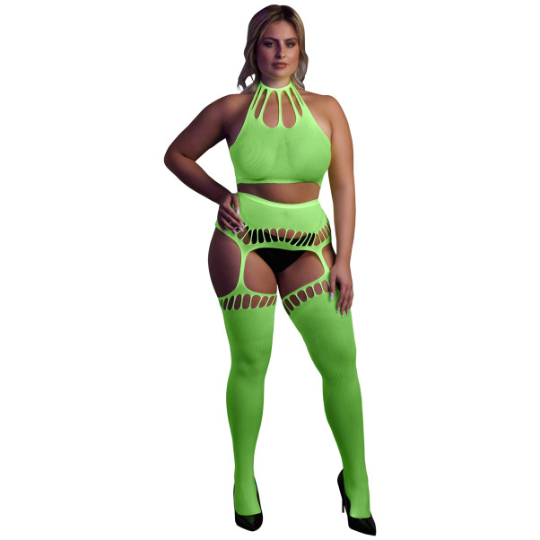 Ouch! Glow in The Dark Neon Grøn Crop Top med Strømper Plus Size Produktbillede 1